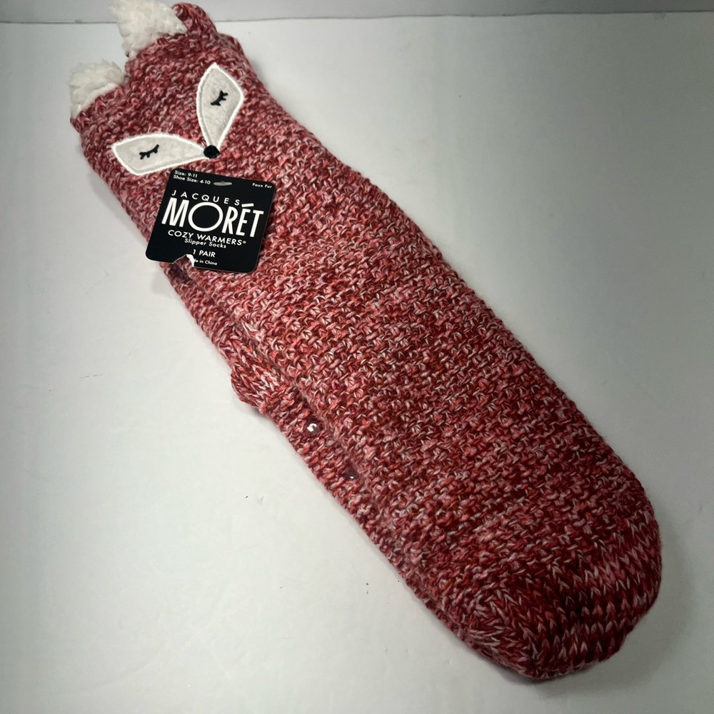JACQUES MORET Cozy Warmers Slipper Socks Animal Fox Pink Sherpa Lined NWT